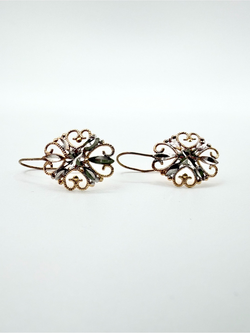 10K Two-Tone Gold Filigree Dangle Earrings Diamond-Cut Floral Design
